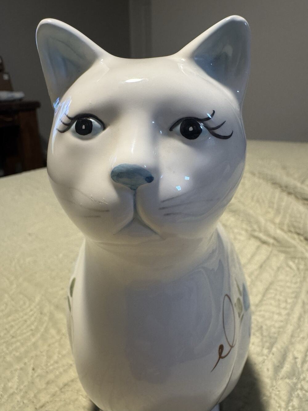 Vintage Ceramic Cat Figurine Cottage core White with Blue Floral